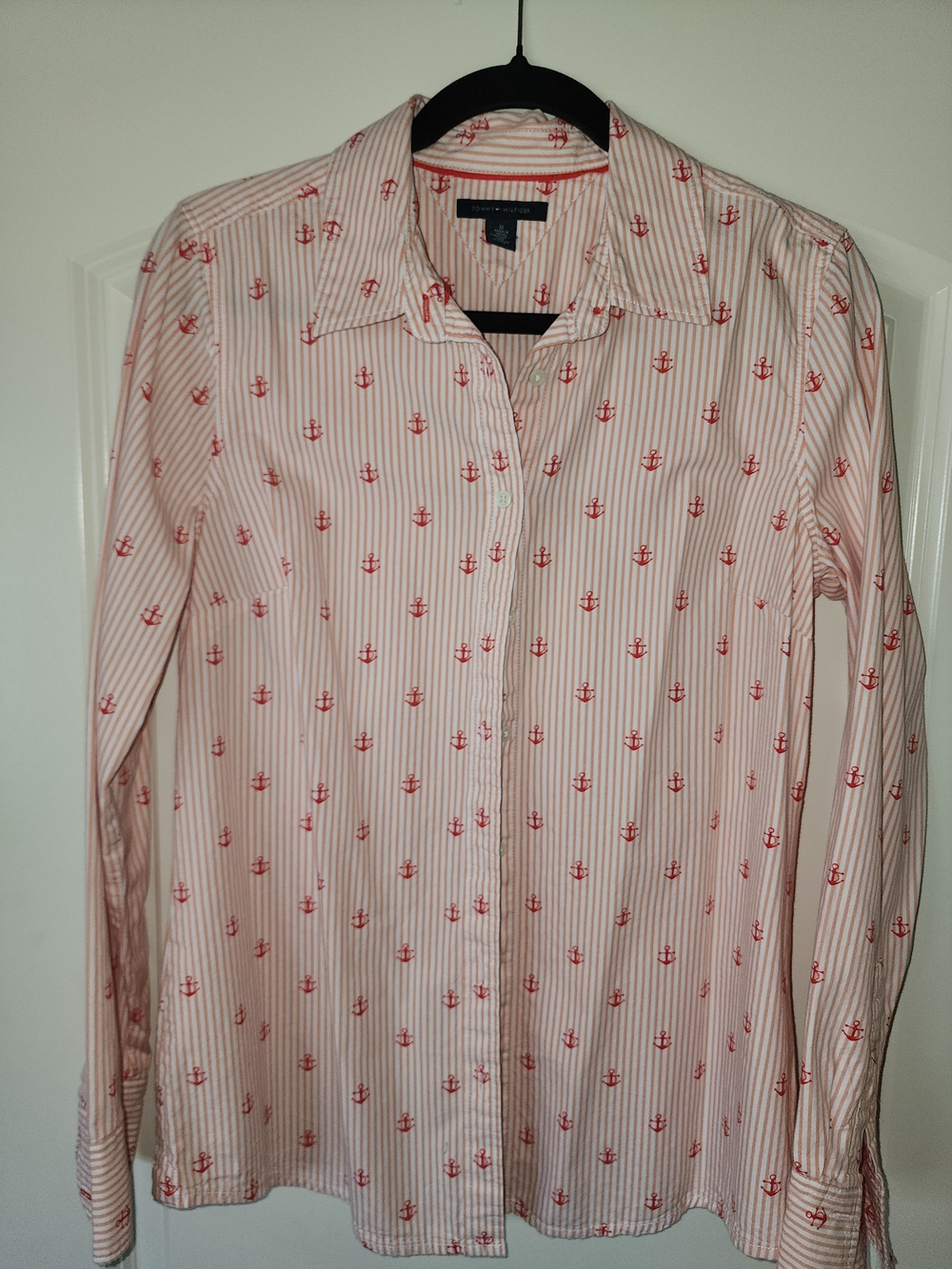 Tommy Hilfiger White and Pink Striped Button-Down with Red Anchor Print